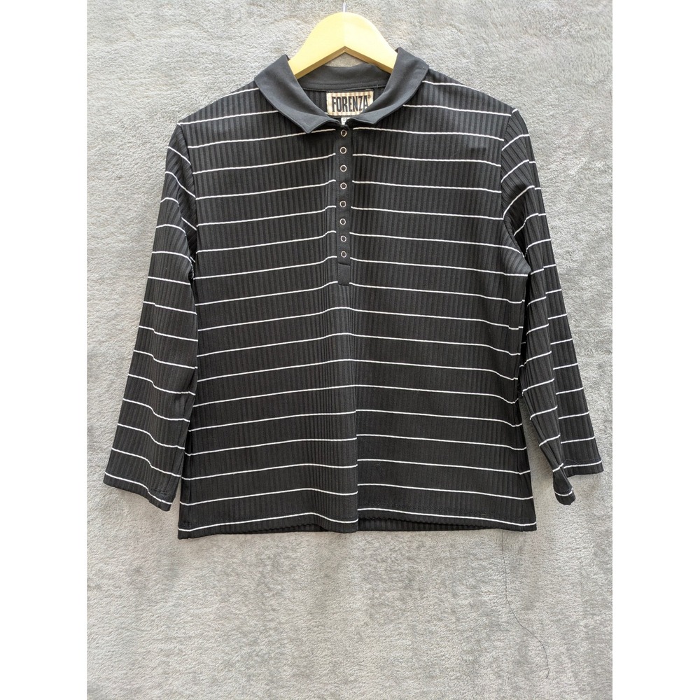 90s Grunge Ribbed Polo Shirt Womens Medium Black White Striped Snap Neck